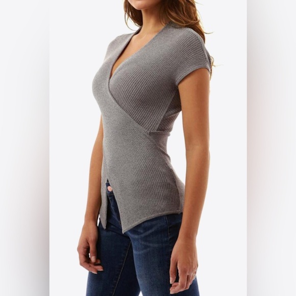 Ribbed Surplice Neck Slit Top Gray Dawn - Picture 1 of 5
